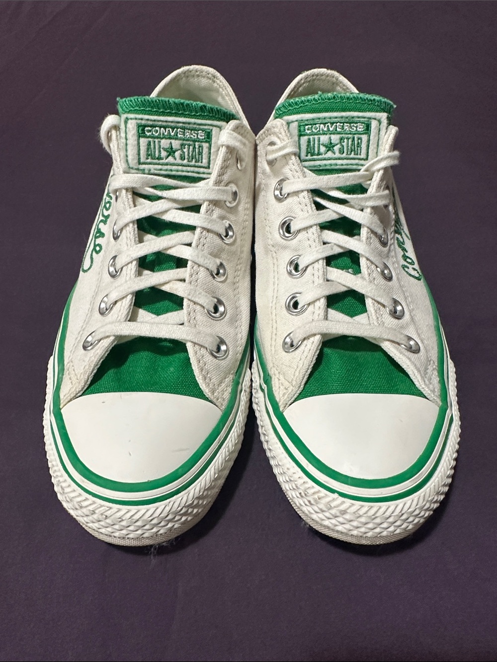 Converse Low Top Canvas Sneakers in White & Green - Picture 2 of 6